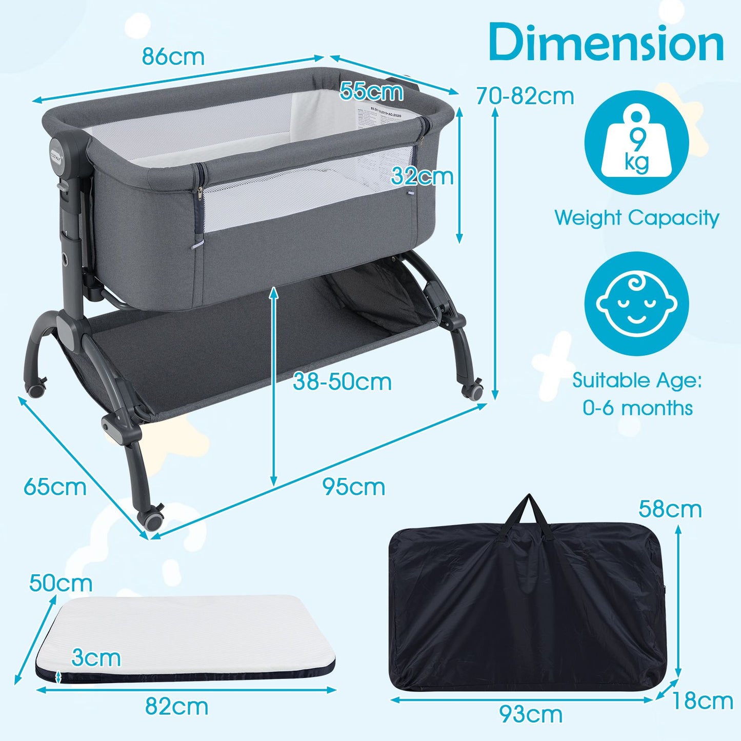Baby Bassinet Bedside Sleeper with 7-Height Adjustment for Newborns