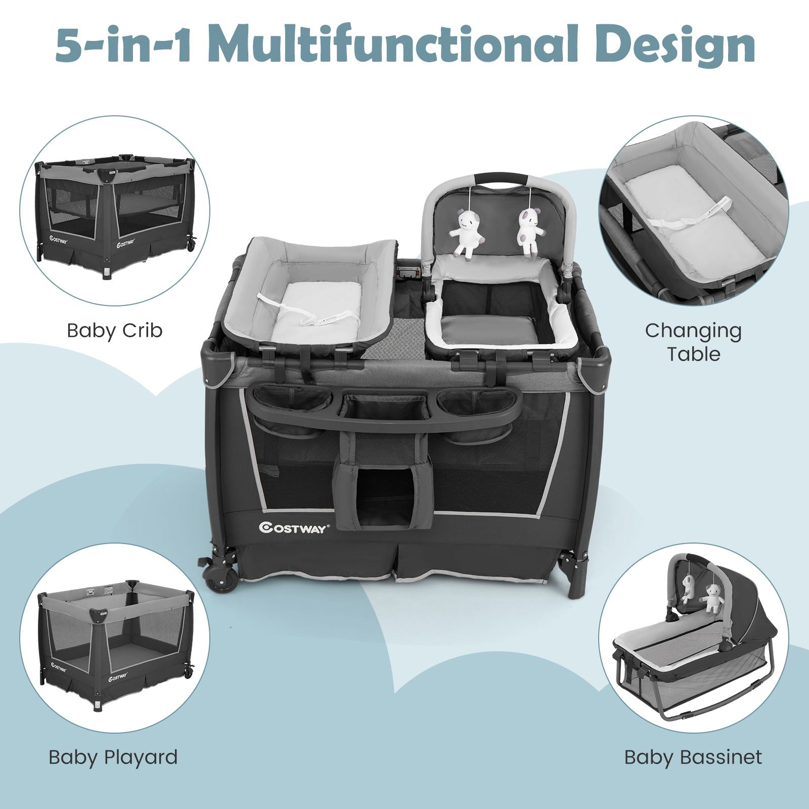 5-In-1 Foldable Pack and Play with Removable Bassinet