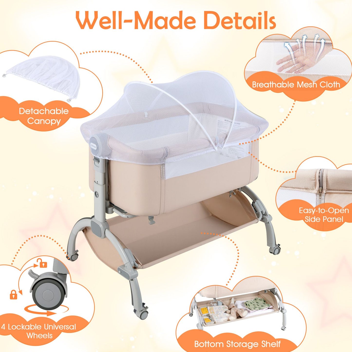 Baby Bassinet Bedside Sleeper with 7-Height Adjustment for Newborns