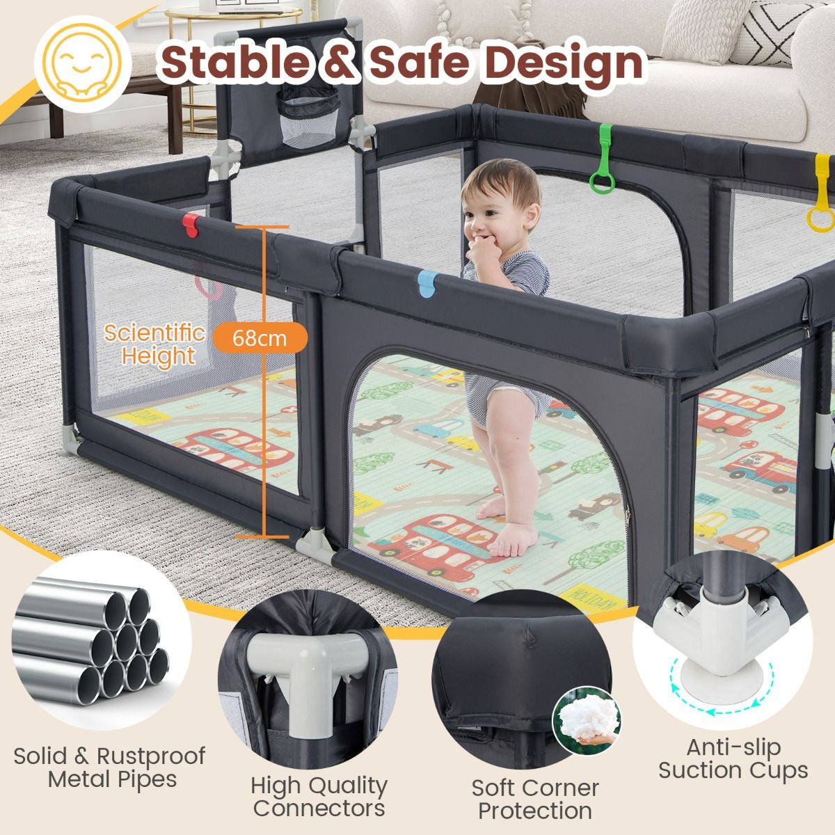 Large Baby Playpen with Mat with Basketball Hoop and Soccer Nets