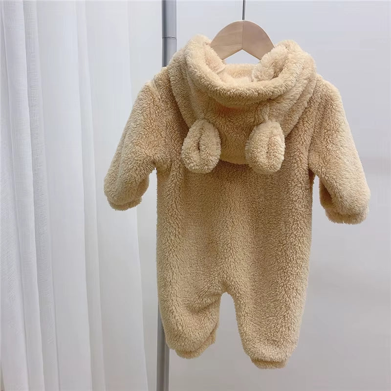 Autumn Baby Rompers Cute Bear Hooded Toddler Boys Rompers Warm Fleece Newborn Baby Clothes