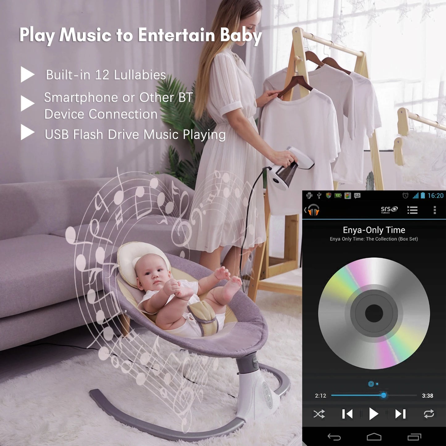 Putybudy S-Y608 Motorized Baby Swing for Infants Baby Rocker 4 Speeds & 4 Timer & 12 Preset Lullabies Supports BT Connection USB