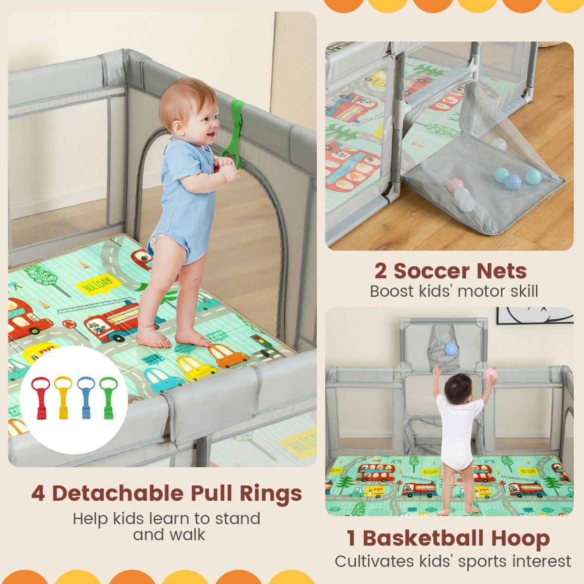 Large Baby Playpen with Mat with Basketball Hoop and Soccer Nets