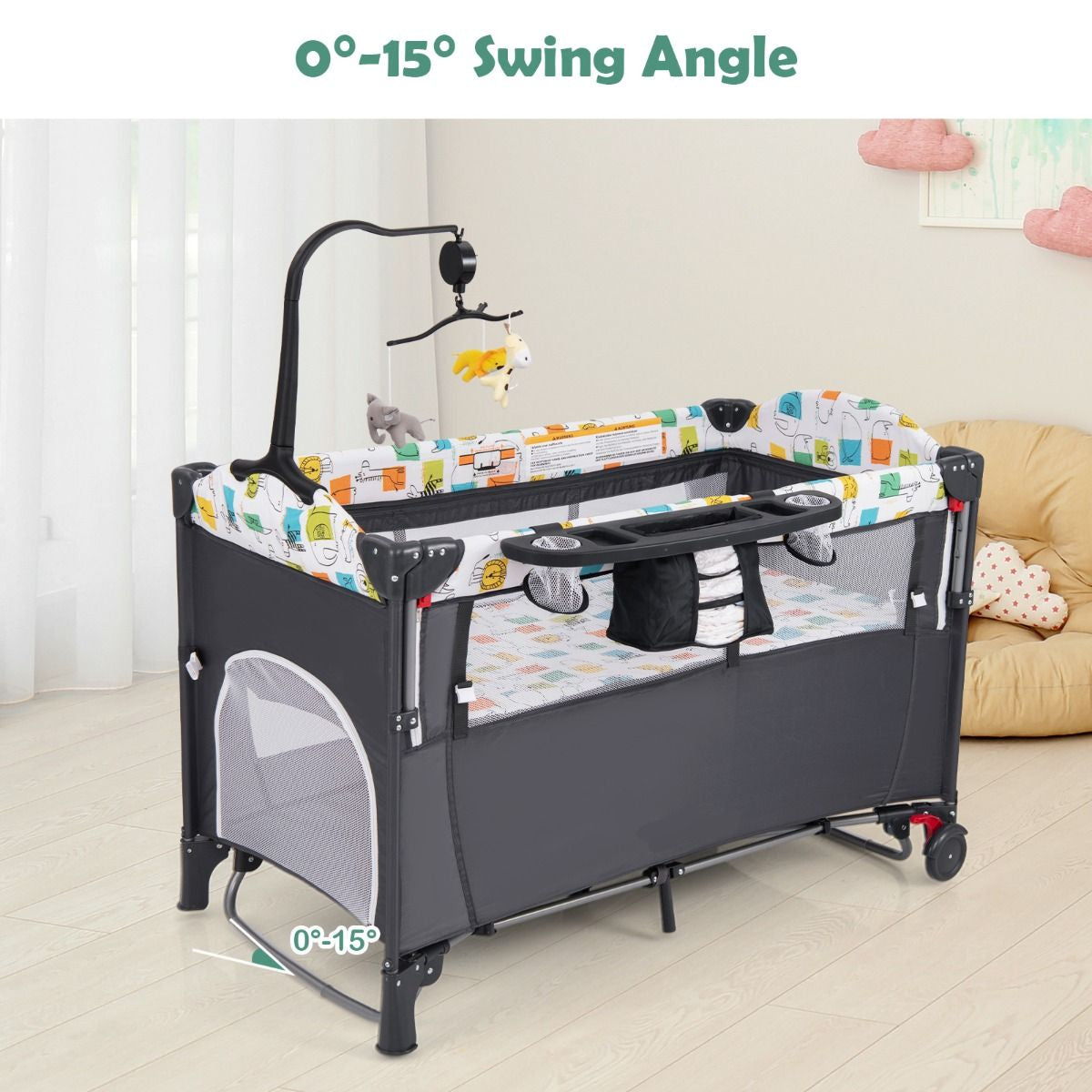 5-In-1 Baby Bassinet Bedside Sleeper with Diaper Changer and Hanging Toys