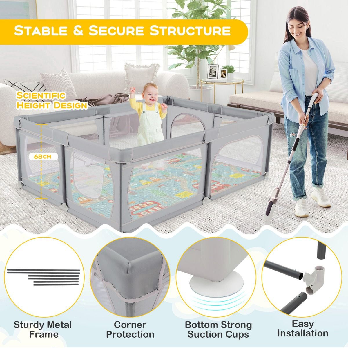Baby Playpen with Mat and 4 Pull Rings