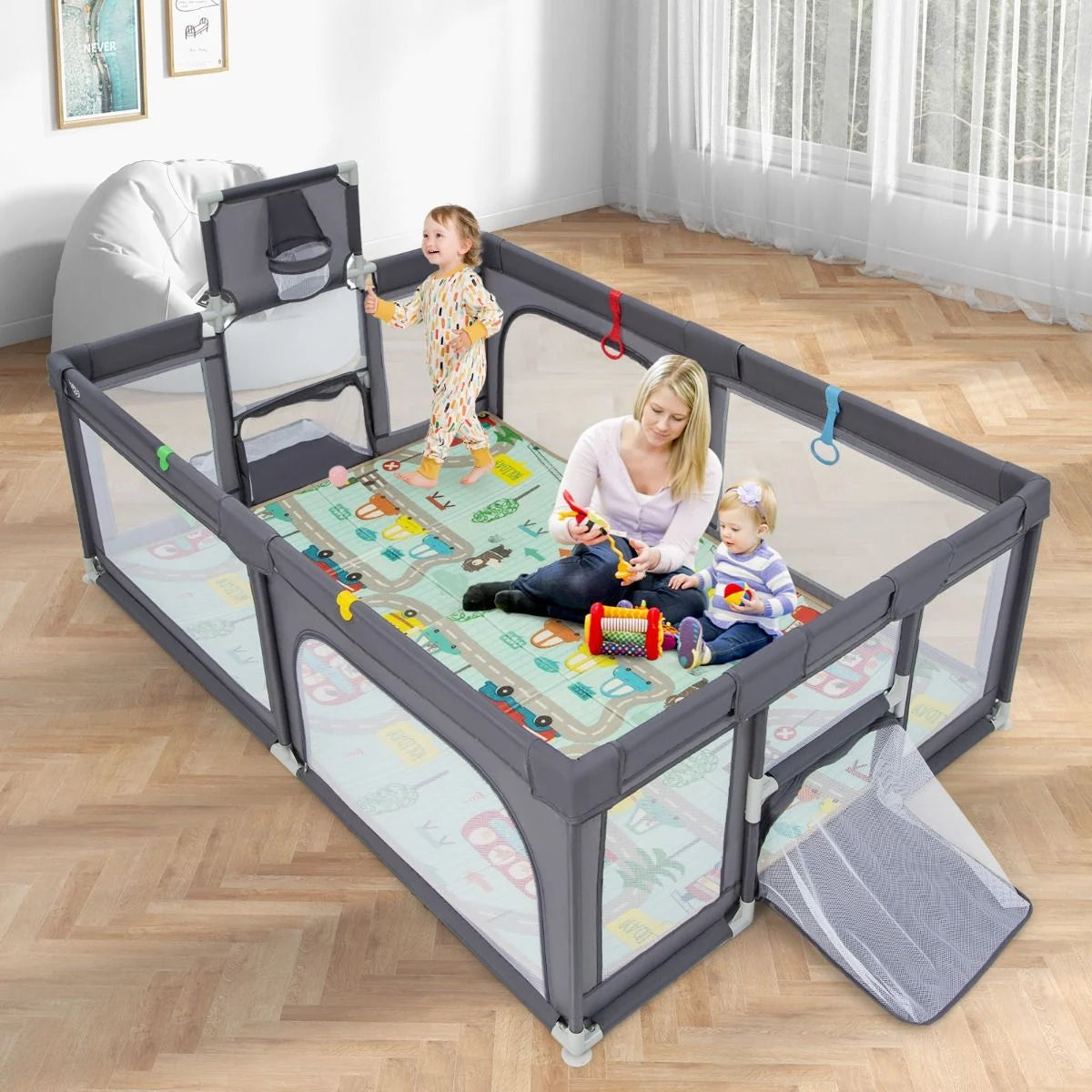 Large Baby Playpen with Mat with Basketball Hoop and Soccer Nets
