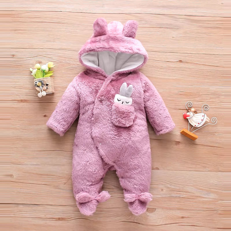 Winter Baby Clothes Baby Girls Baby Boys Unisex Solid Fleece Rabbit Hooded Footed / Footie Long-Sleeve Baby Jumpsuit
