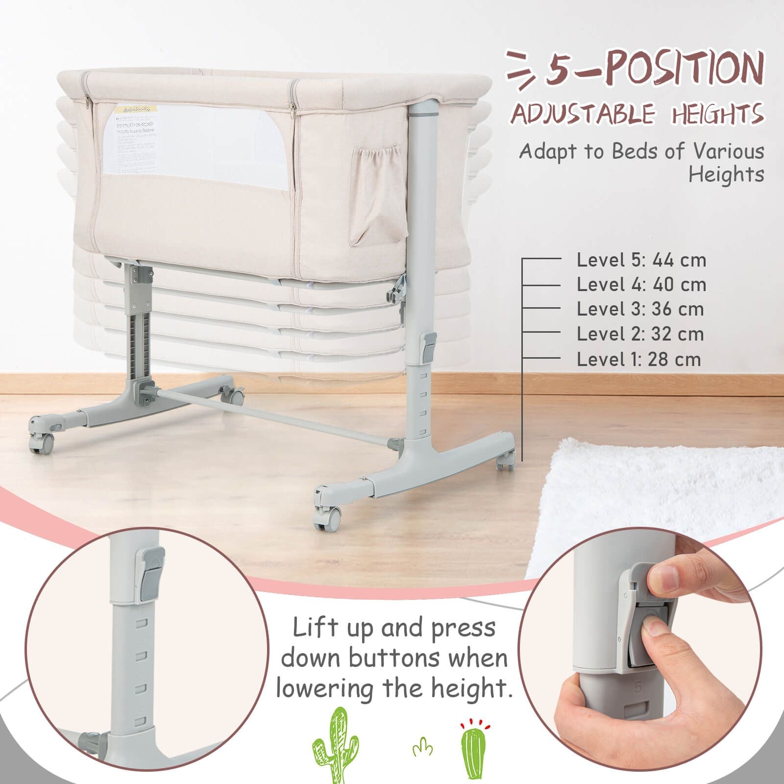 3-In-1 Adjustable Baby Bedside Bassinet with Mattress