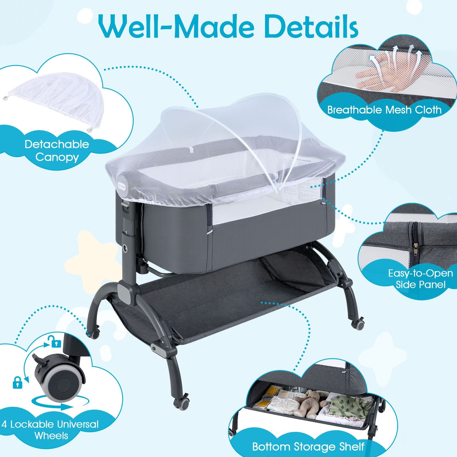 Baby Bassinet Bedside Sleeper with 7-Height Adjustment for Newborns