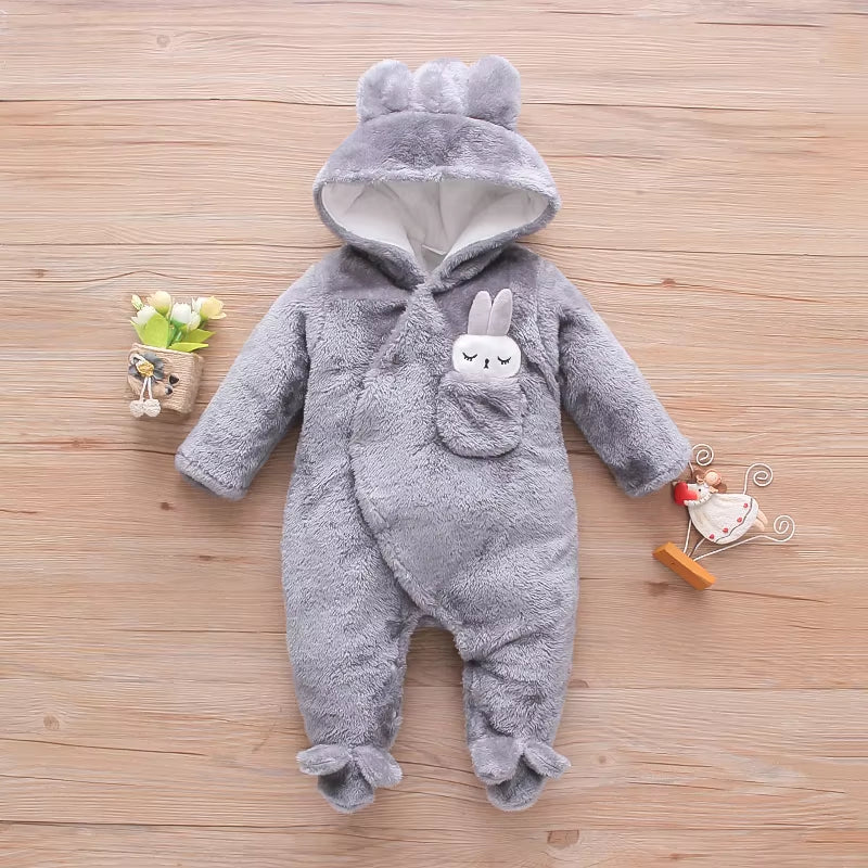 Winter Baby Clothes Baby Girls Baby Boys Unisex Solid Fleece Rabbit Hooded Footed / Footie Long-Sleeve Baby Jumpsuit