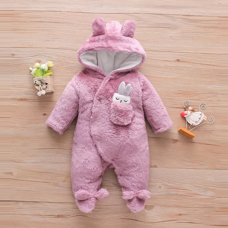 Winter Baby Clothes Baby Girls Baby Boys Unisex Solid Fleece Rabbit Hooded Footed / Footie Long-Sleeve Baby Jumpsuit