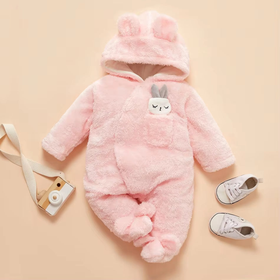 Winter Baby Clothes Baby Girls Baby Boys Unisex Solid Fleece Rabbit Hooded Footed / Footie Long-Sleeve Baby Jumpsuit