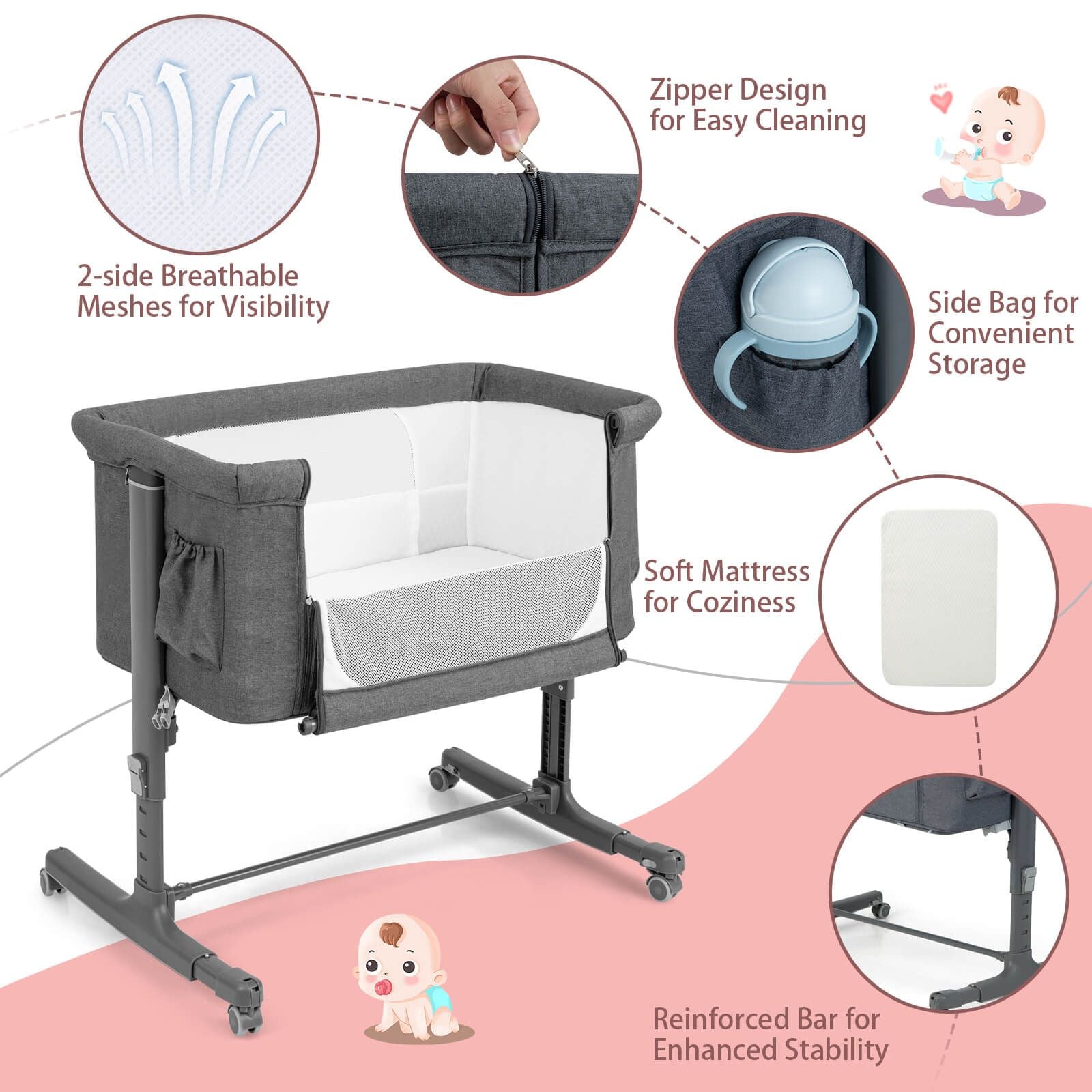 3-In-1 Adjustable Baby Bedside Bassinet with Mattress