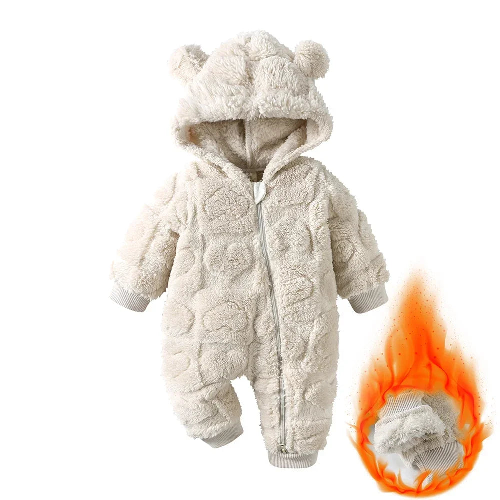 Baby Romper Winter Thicken Fleece Hooded Newborn Cute Bear Clothes Toddler Jumpsuits Zipper Infant Clothes Newborn Pyjamas