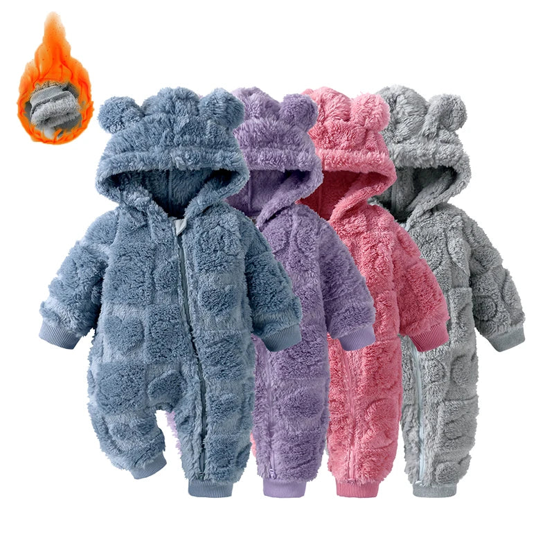 Baby Romper Winter Thicken Fleece Hooded Newborn Cute Bear Clothes Toddler Jumpsuits Zipper Infant Clothes Newborn Pyjamas