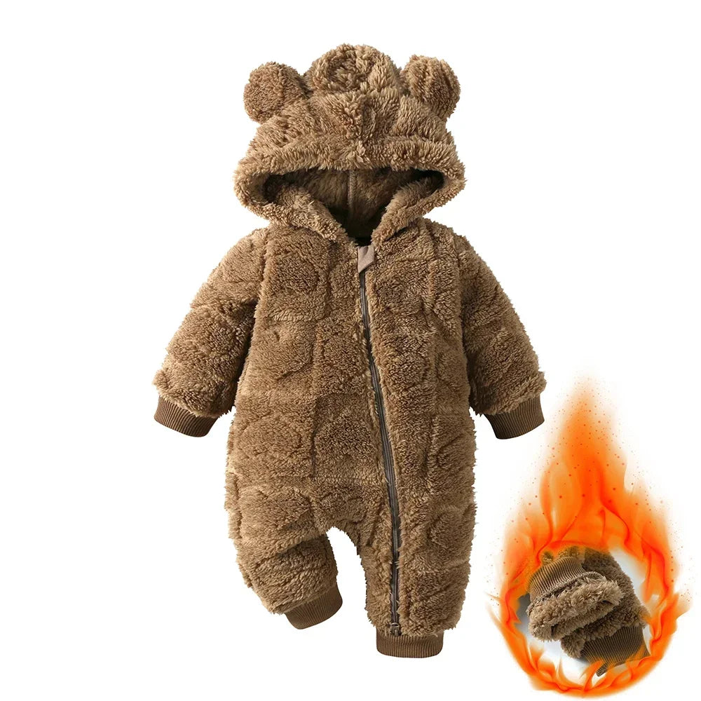 Baby Romper Winter Thicken Fleece Hooded Newborn Cute Bear Clothes Toddler Jumpsuits Zipper Infant Clothes Newborn Pyjamas
