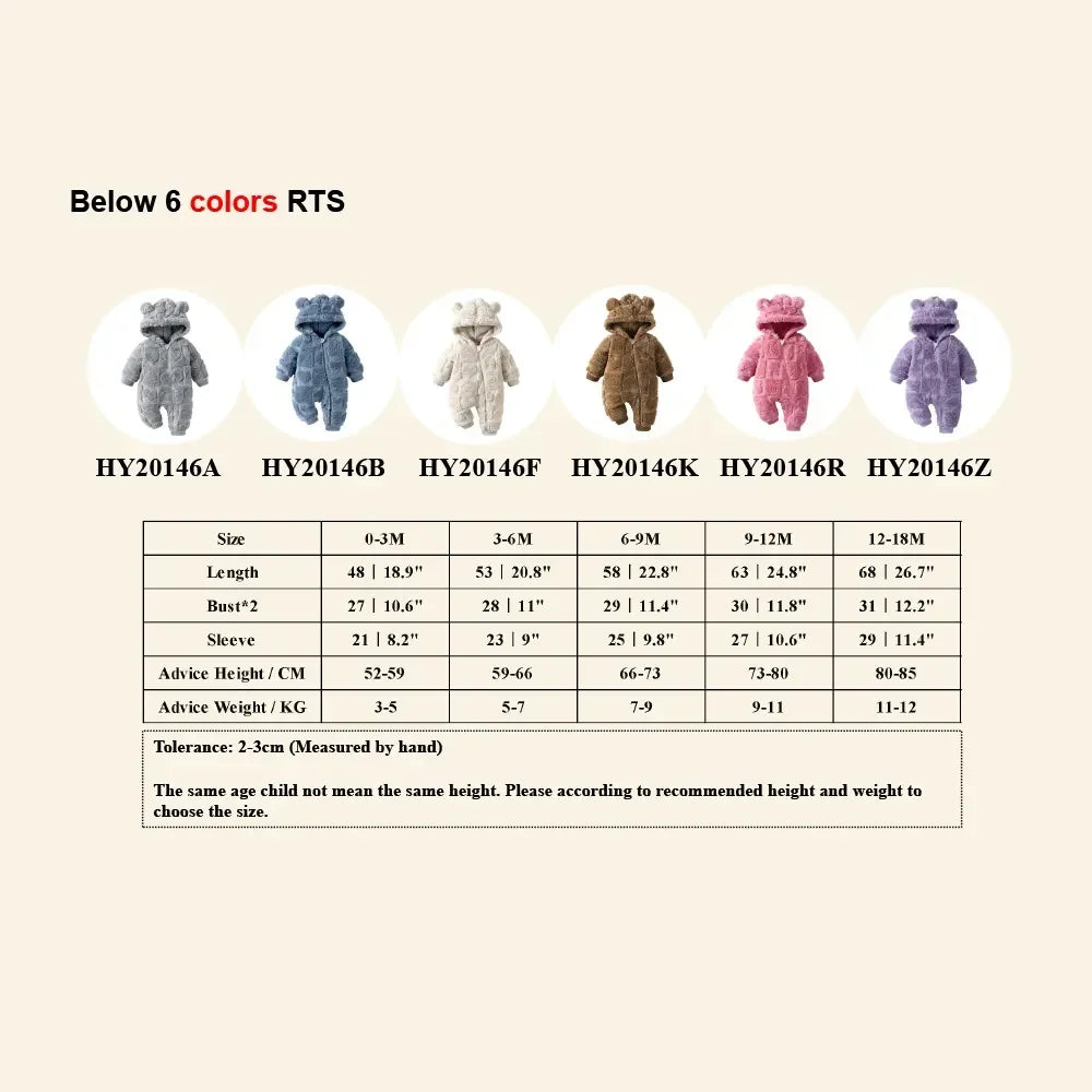 Baby Romper Winter Thicken Fleece Hooded Newborn Cute Bear Clothes Toddler Jumpsuits Zipper Infant Clothes Newborn Pyjamas