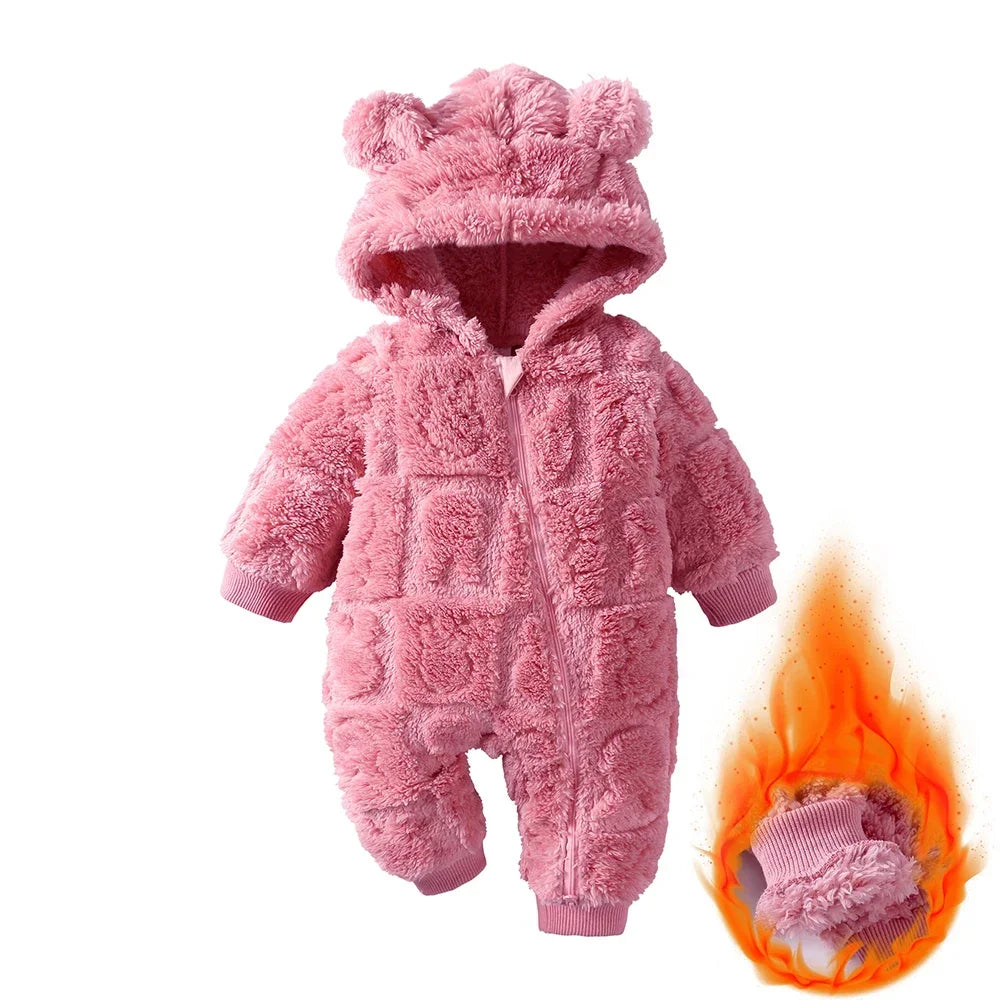 Baby Romper Winter Thicken Fleece Hooded Newborn Cute Bear Clothes Toddler Jumpsuits Zipper Infant Clothes Newborn Pyjamas