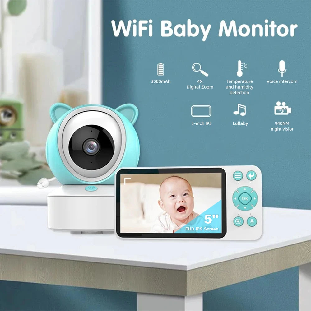Tuya Smart WiFi Baby Cry Sound Detection Audio Video Baby Monitor PTZ Infrared 5Inch Monitor Camera 1080P Phone APP Remote View