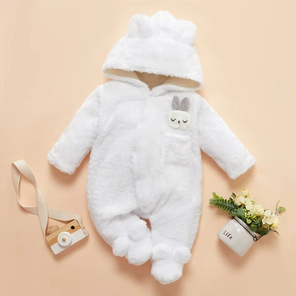 Winter Baby Clothes Baby Girls Baby Boys Unisex Solid Fleece Rabbit Hooded Footed / Footie Long-Sleeve Baby Jumpsuit