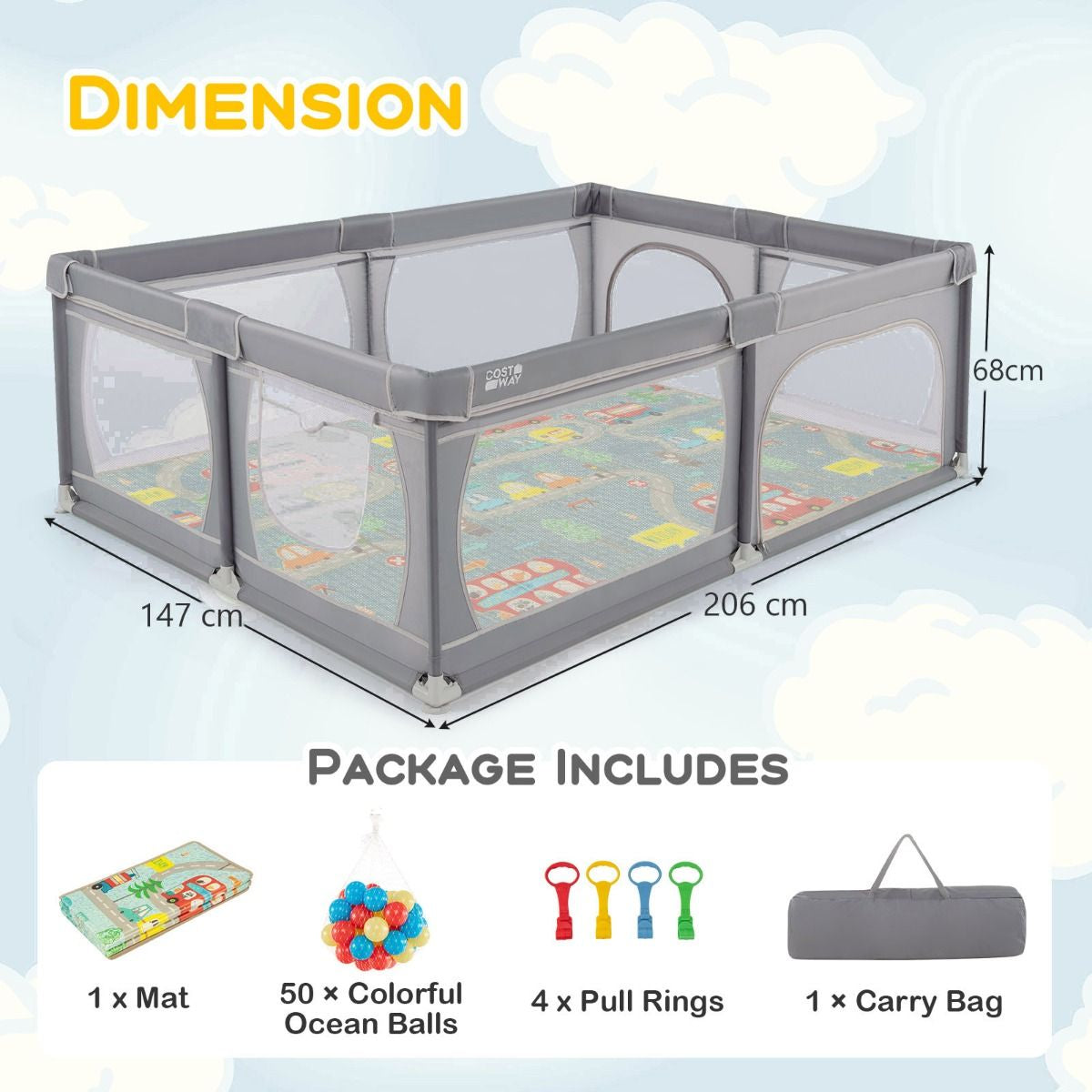 Baby Playpen with Mat and 4 Pull Rings