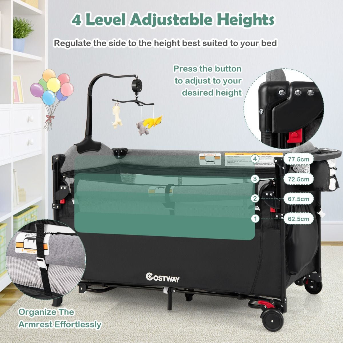 5-In-1 Baby Bassinet Bedside Sleeper with Diaper Changer and Hanging Toys