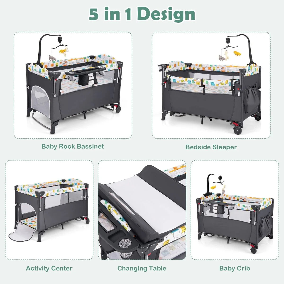 5-In-1 Baby Bassinet Bedside Sleeper with Diaper Changer and Hanging Toys