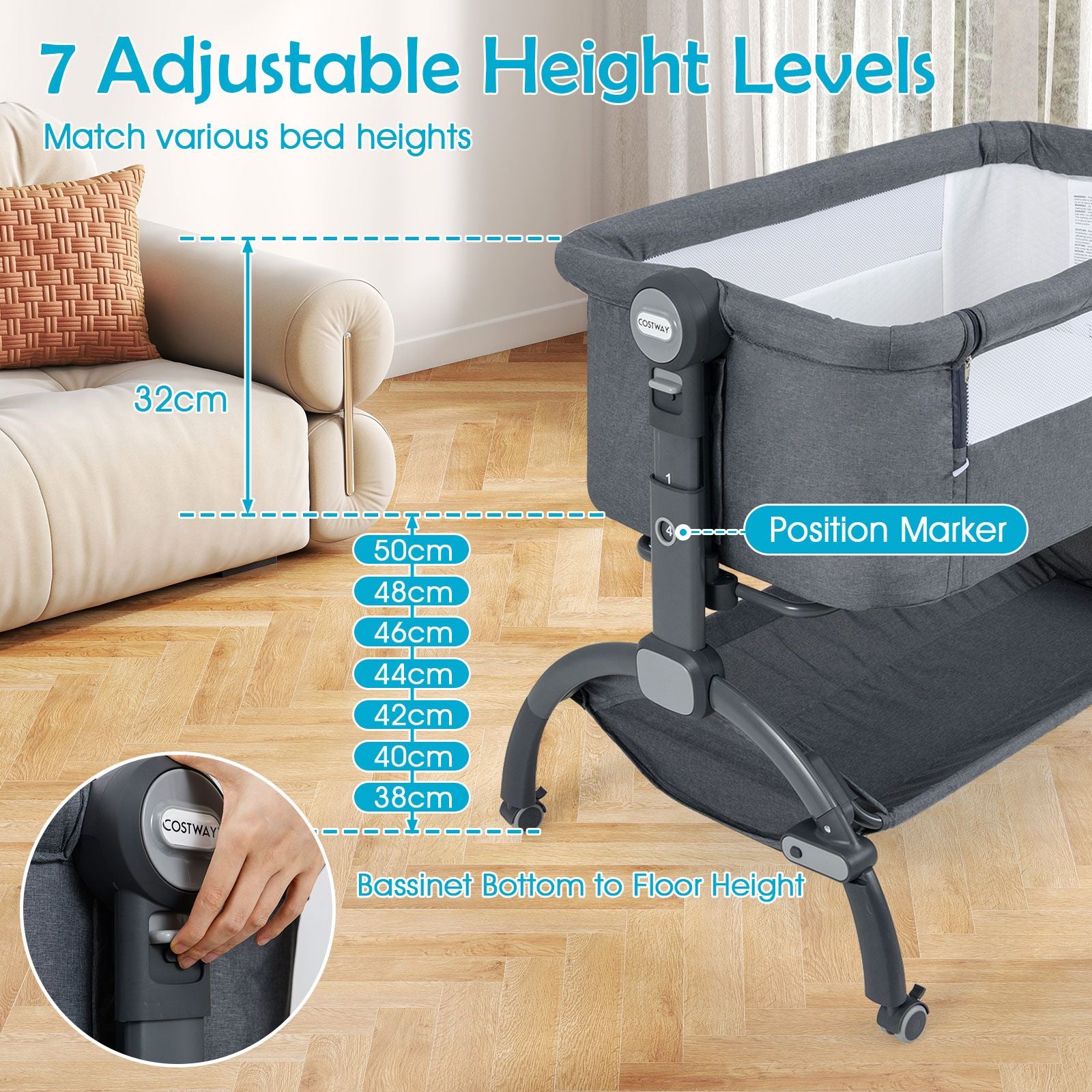 Baby Bassinet Bedside Sleeper with 7-Height Adjustment for Newborns
