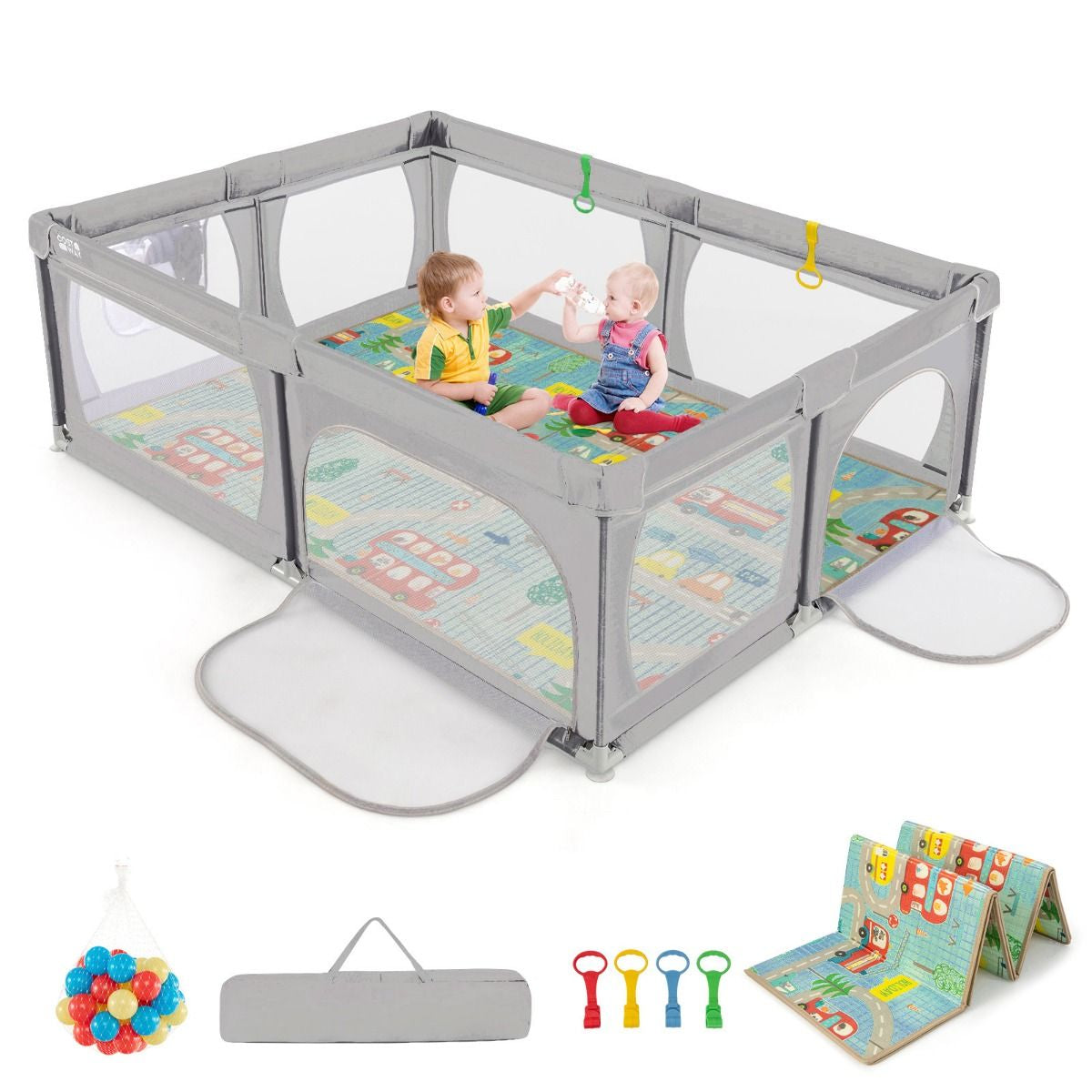 Baby Playpen with Mat and 4 Pull Rings