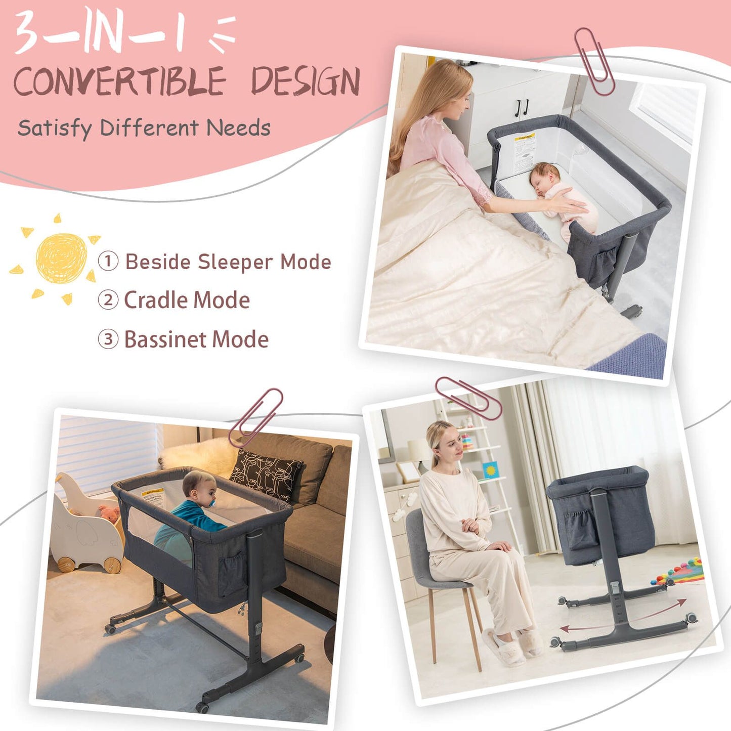 3-In-1 Adjustable Baby Bedside Bassinet with Mattress