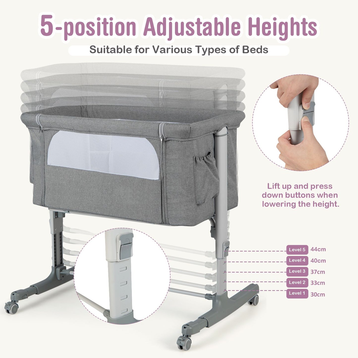 3-In-1 Adjustable Baby Bedside Bassinet with Mattress