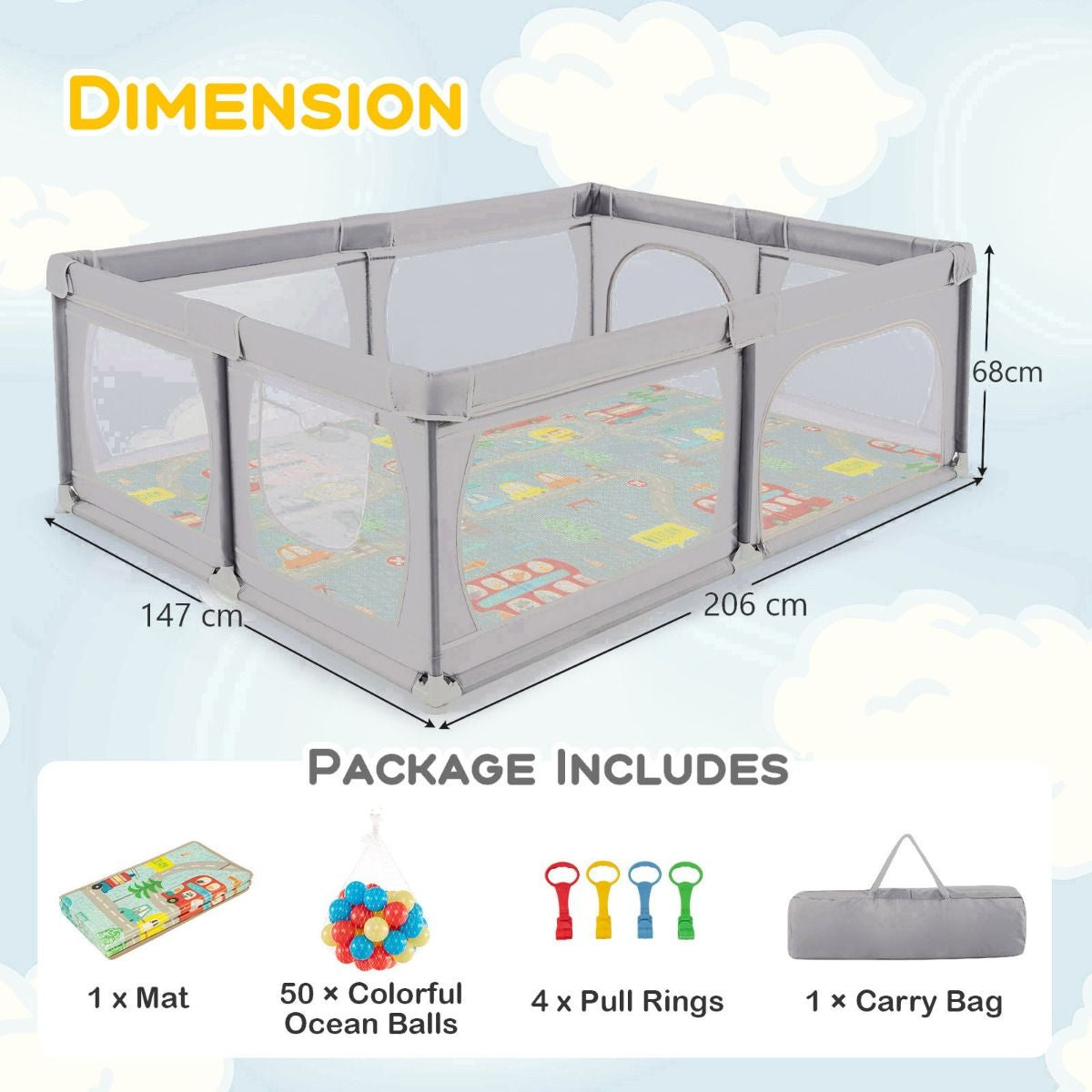 Baby Playpen with Mat and 4 Pull Rings