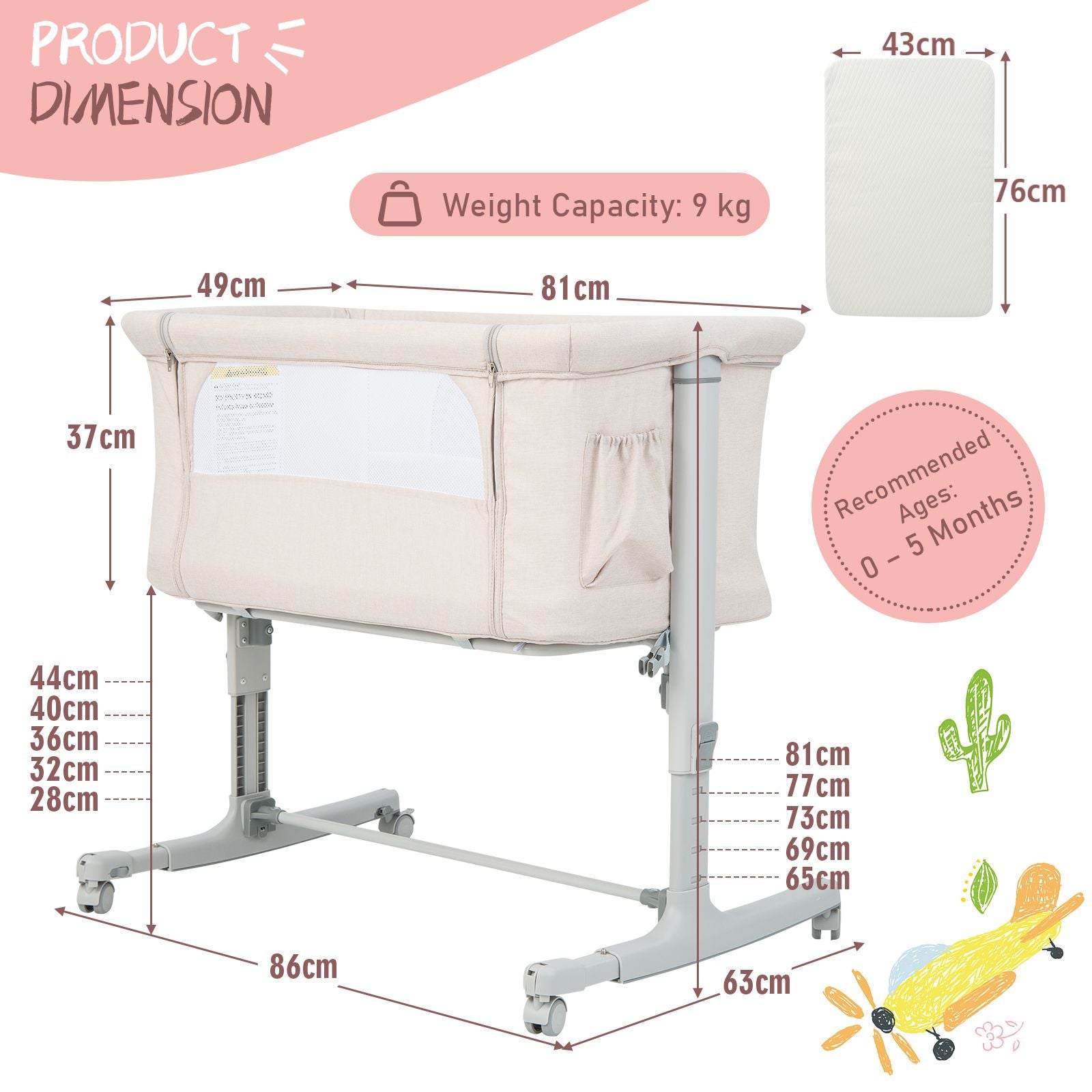 3-In-1 Adjustable Baby Bedside Bassinet with Mattress