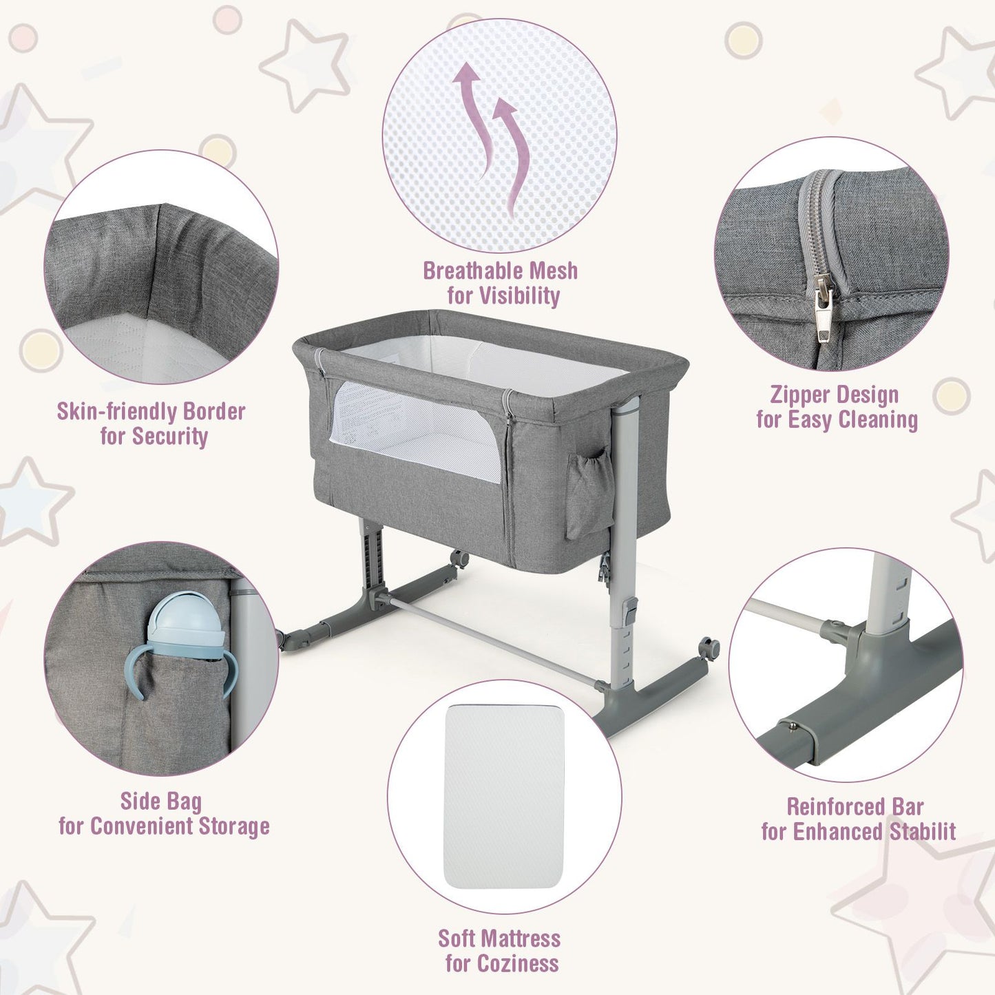 3-In-1 Adjustable Baby Bedside Bassinet with Mattress