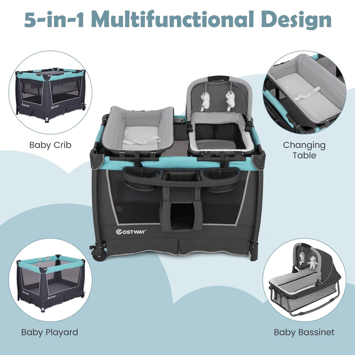 5-In-1 Foldable Pack and Play with Removable Bassinet
