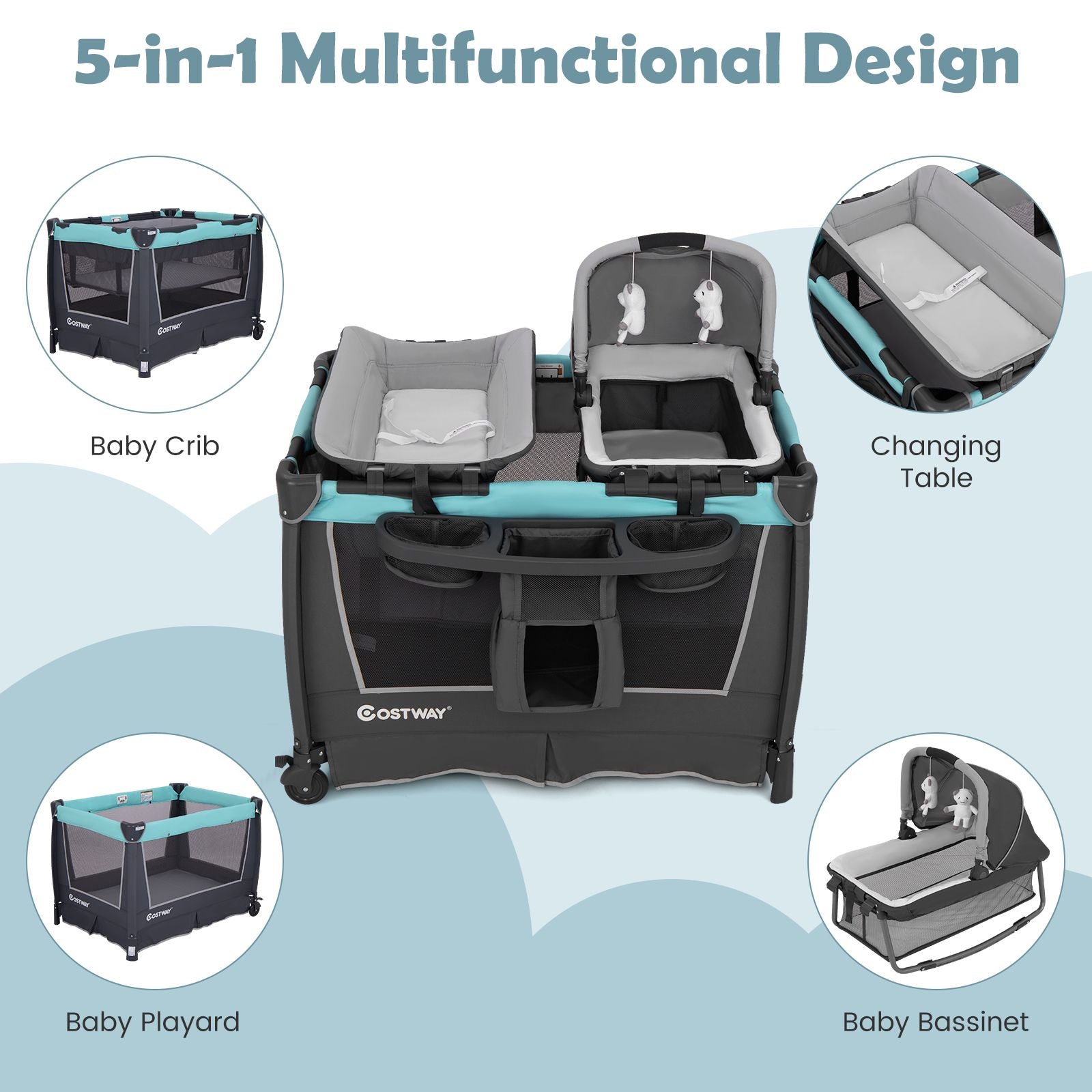 5-In-1 Foldable Pack and Play with Removable Bassinet