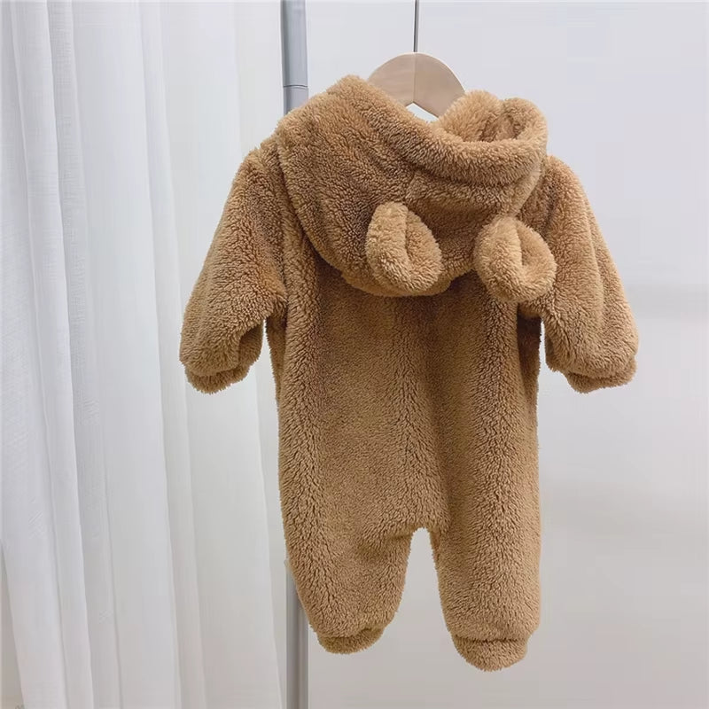 Autumn Baby Rompers Cute Bear Hooded Toddler Boys Rompers Warm Fleece Newborn Baby Clothes