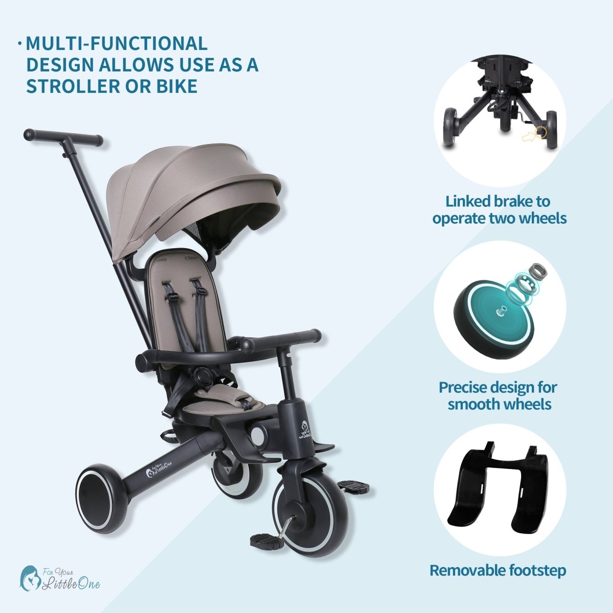 Foryourlittleone Xplor Plus 6 in 1 Foldable Trike - Grey Olive (10m-5y)-2