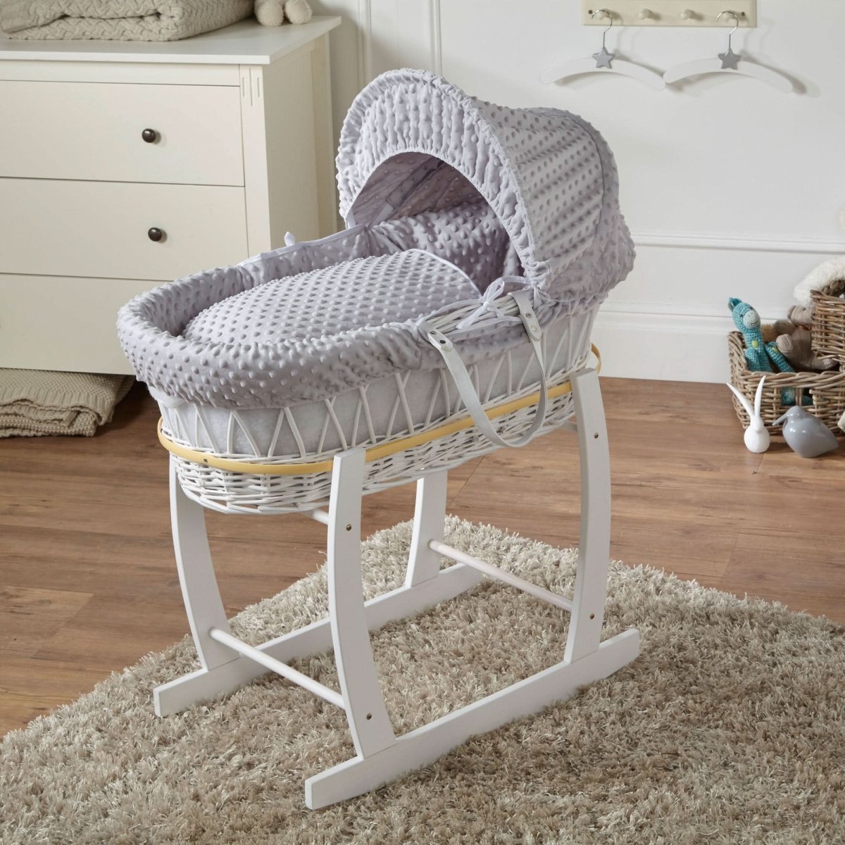 Grey Dimple White Wicker Baby Moses Basket With Stand-0