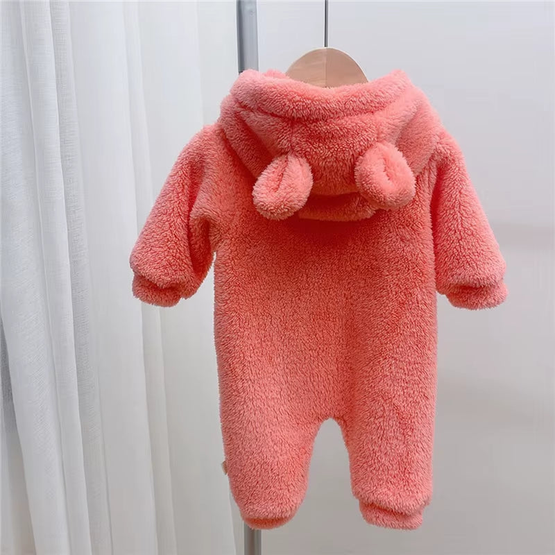 Autumn Baby Rompers Cute Bear Hooded Toddler Boys Rompers Warm Fleece Newborn Baby Clothes