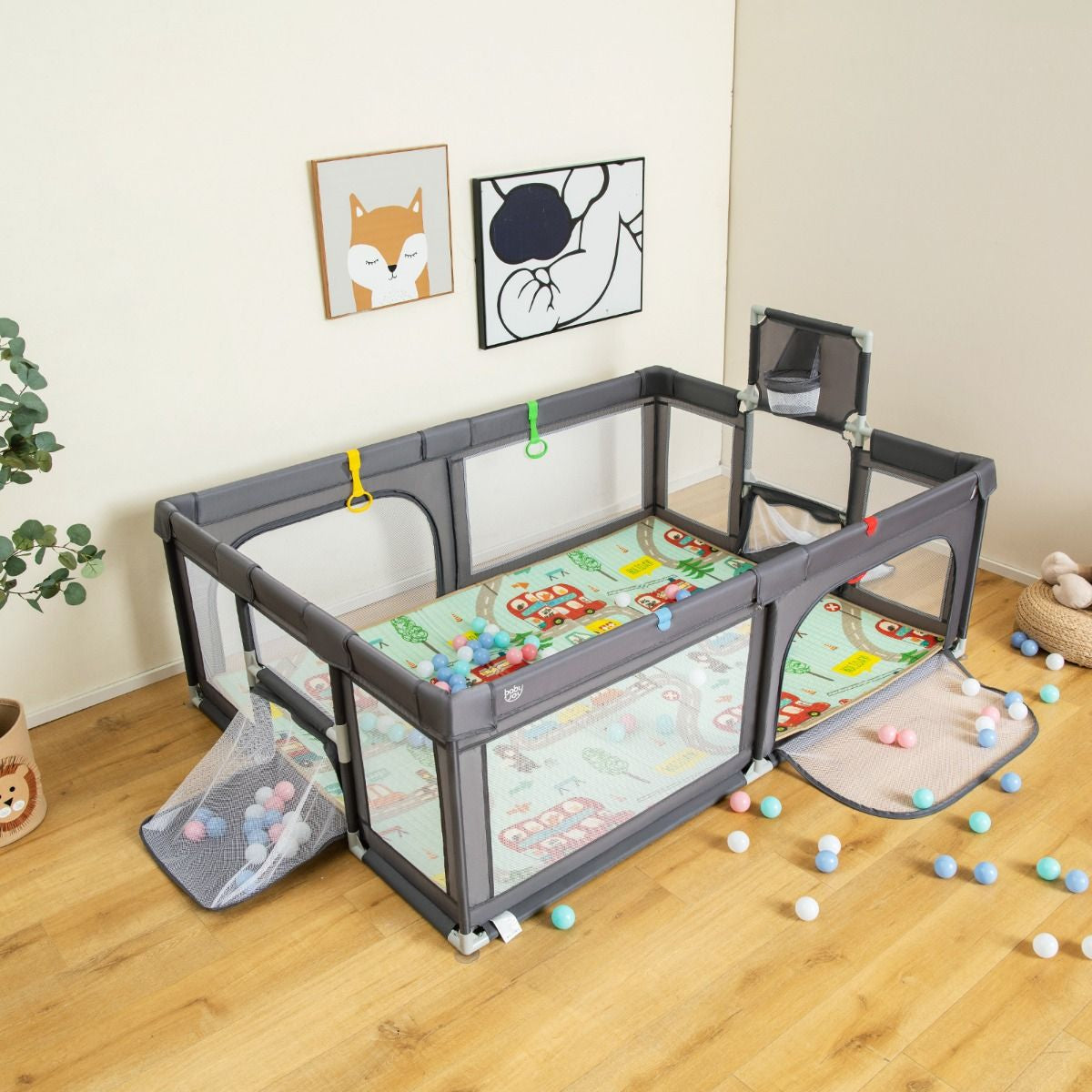 Large Baby Playpen with Mat with Basketball Hoop and Soccer Nets
