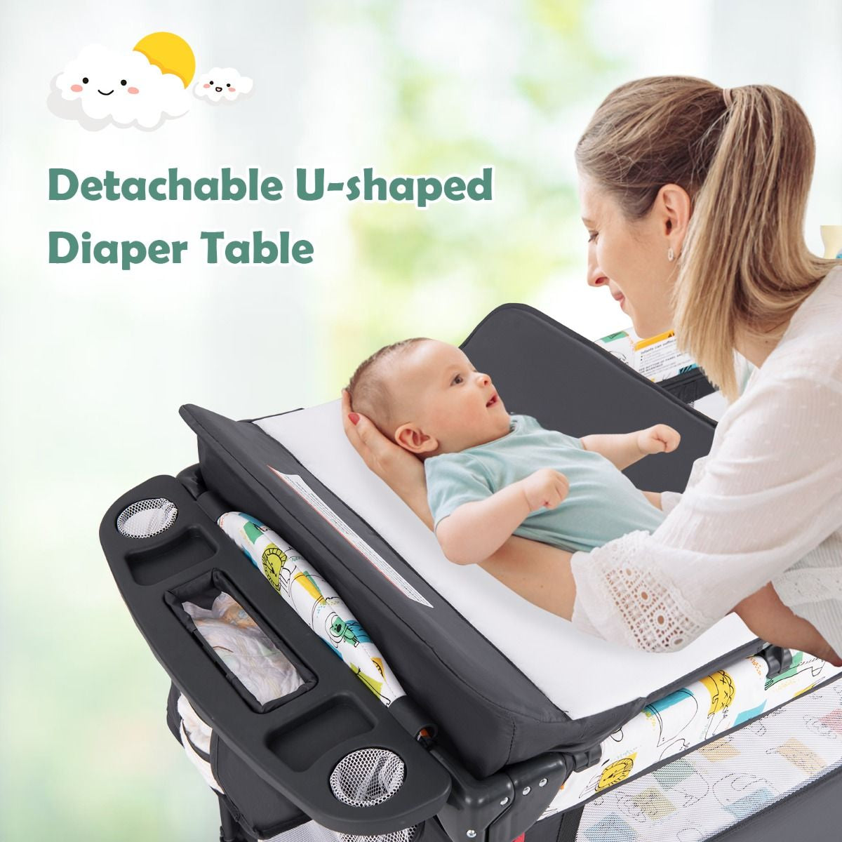 5-In-1 Baby Bassinet Bedside Sleeper with Diaper Changer and Hanging Toys