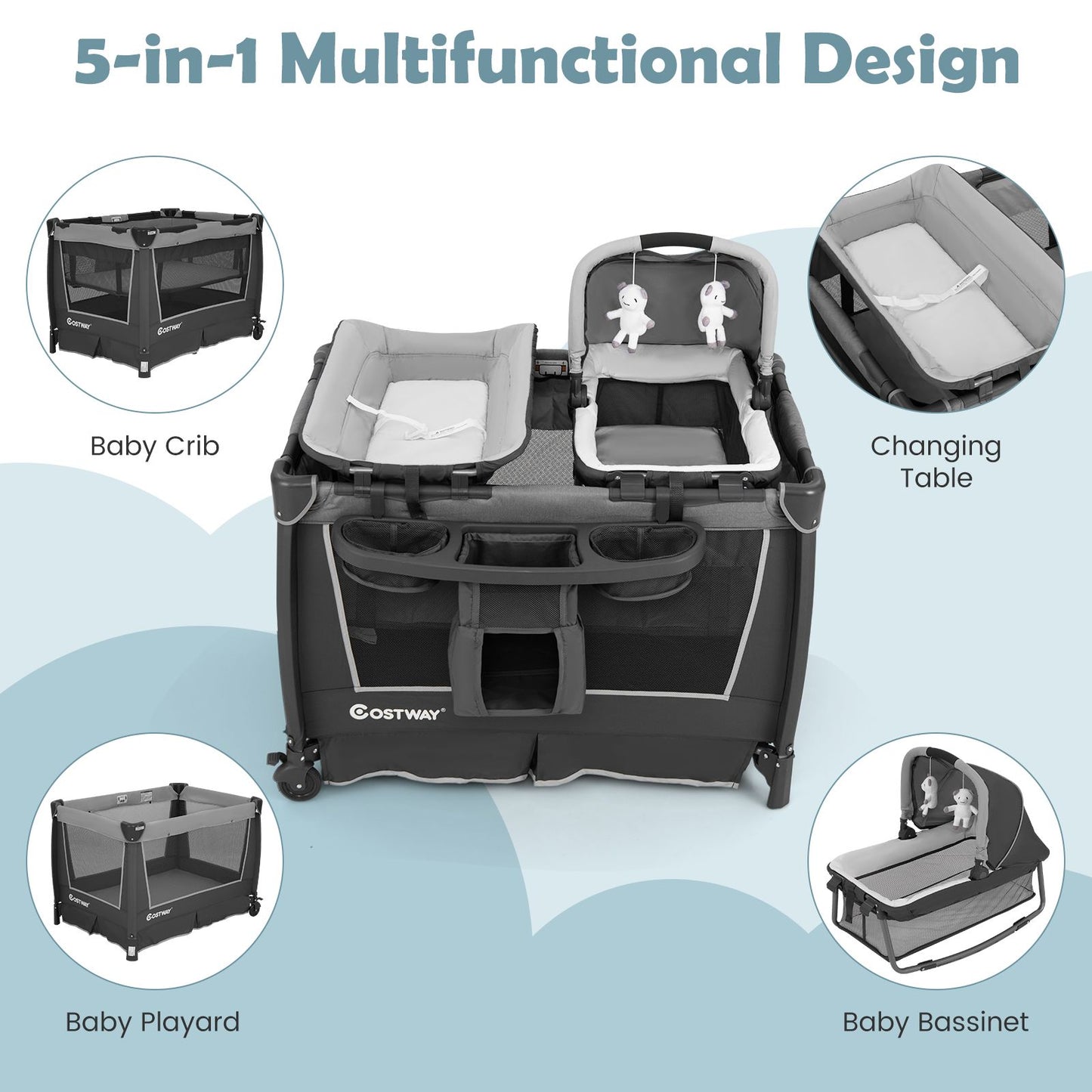 5-In-1 Foldable Pack and Play with Removable Bassinet