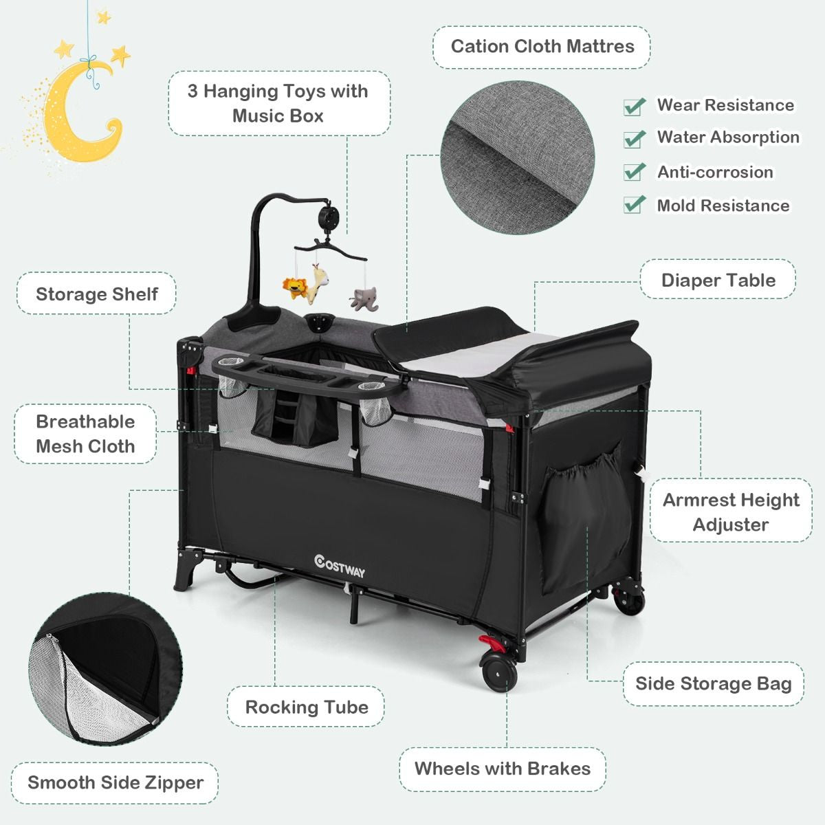 5-In-1 Baby Bassinet Bedside Sleeper with Diaper Changer and Hanging Toys