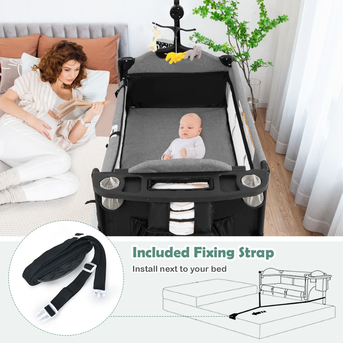 5-In-1 Baby Bassinet Bedside Sleeper with Diaper Changer and Hanging Toys