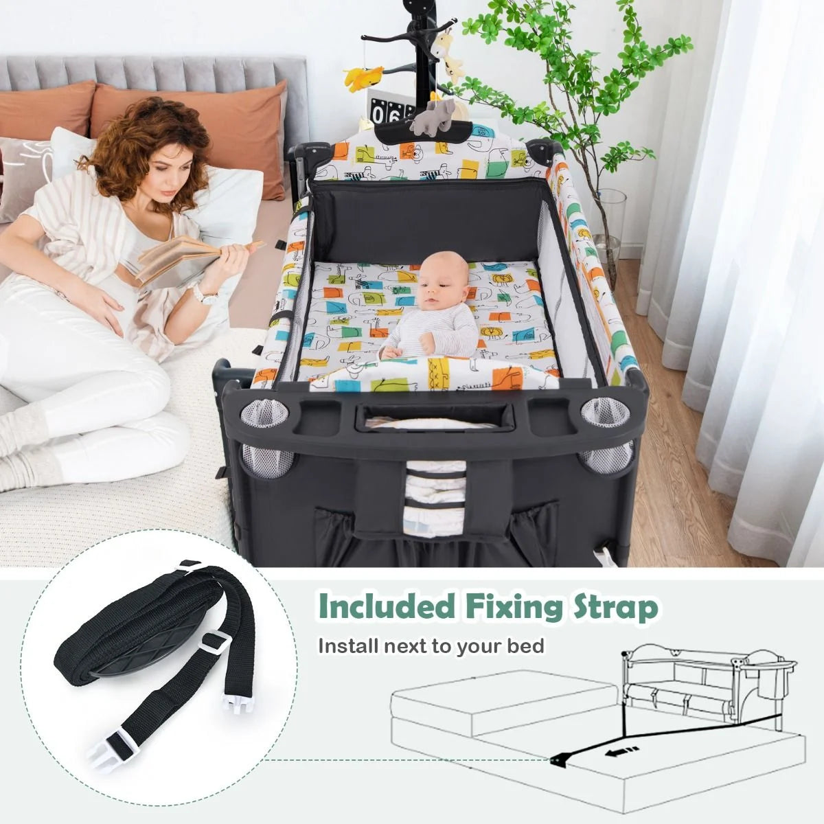 5-In-1 Baby Bassinet Bedside Sleeper with Diaper Changer and Hanging Toys