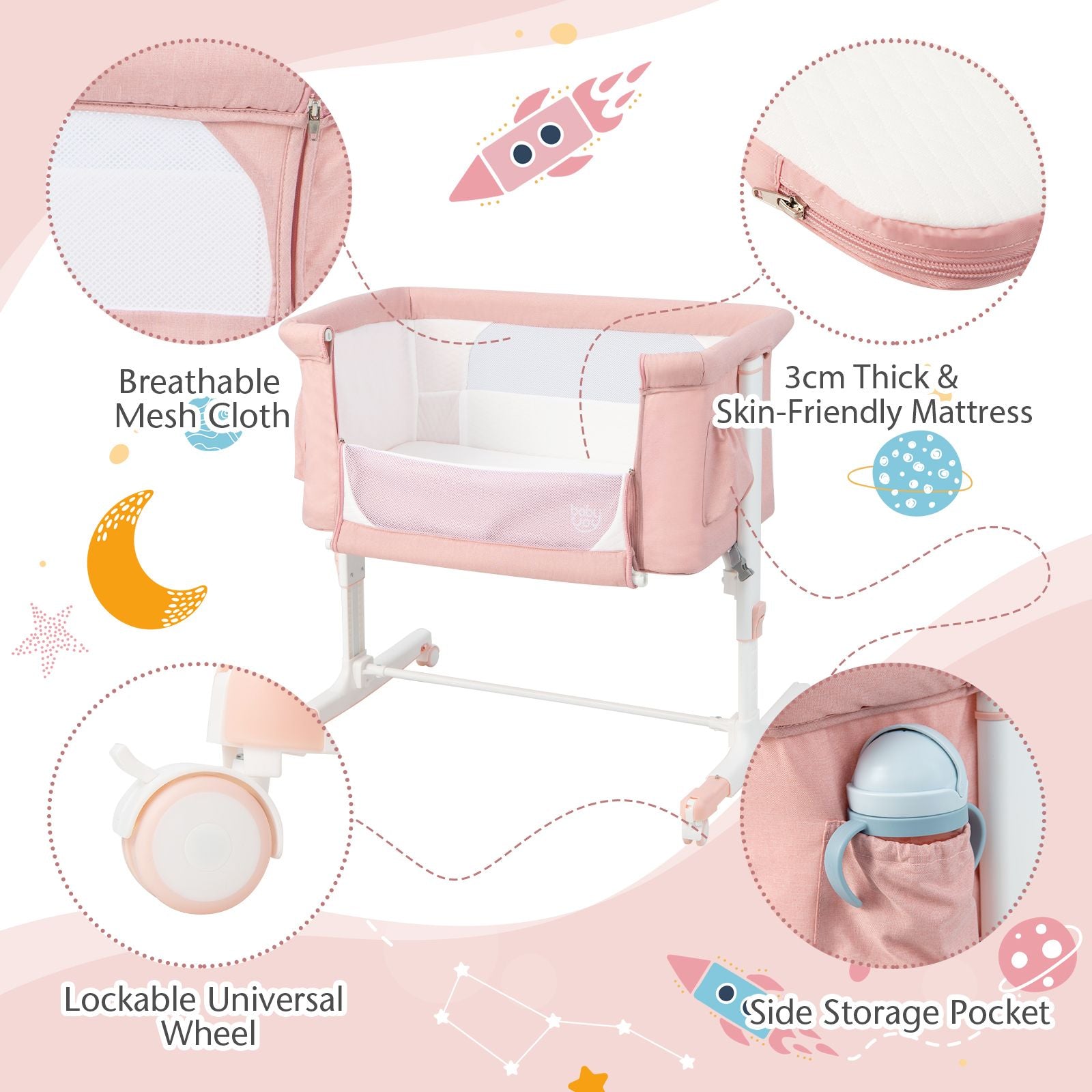 3-In-1 Adjustable Baby Bedside Bassinet with Mattress