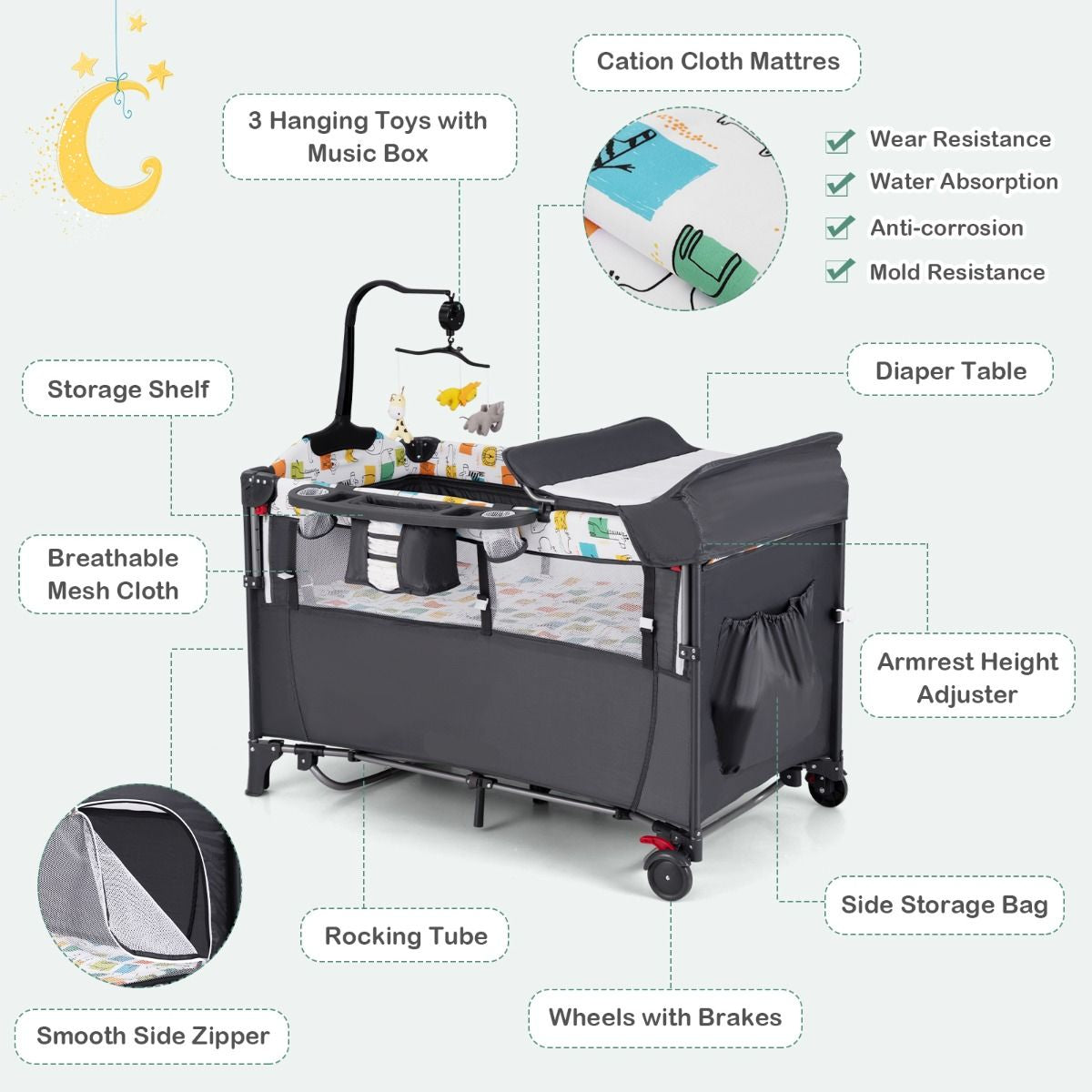 5-In-1 Baby Bassinet Bedside Sleeper with Diaper Changer and Hanging Toys