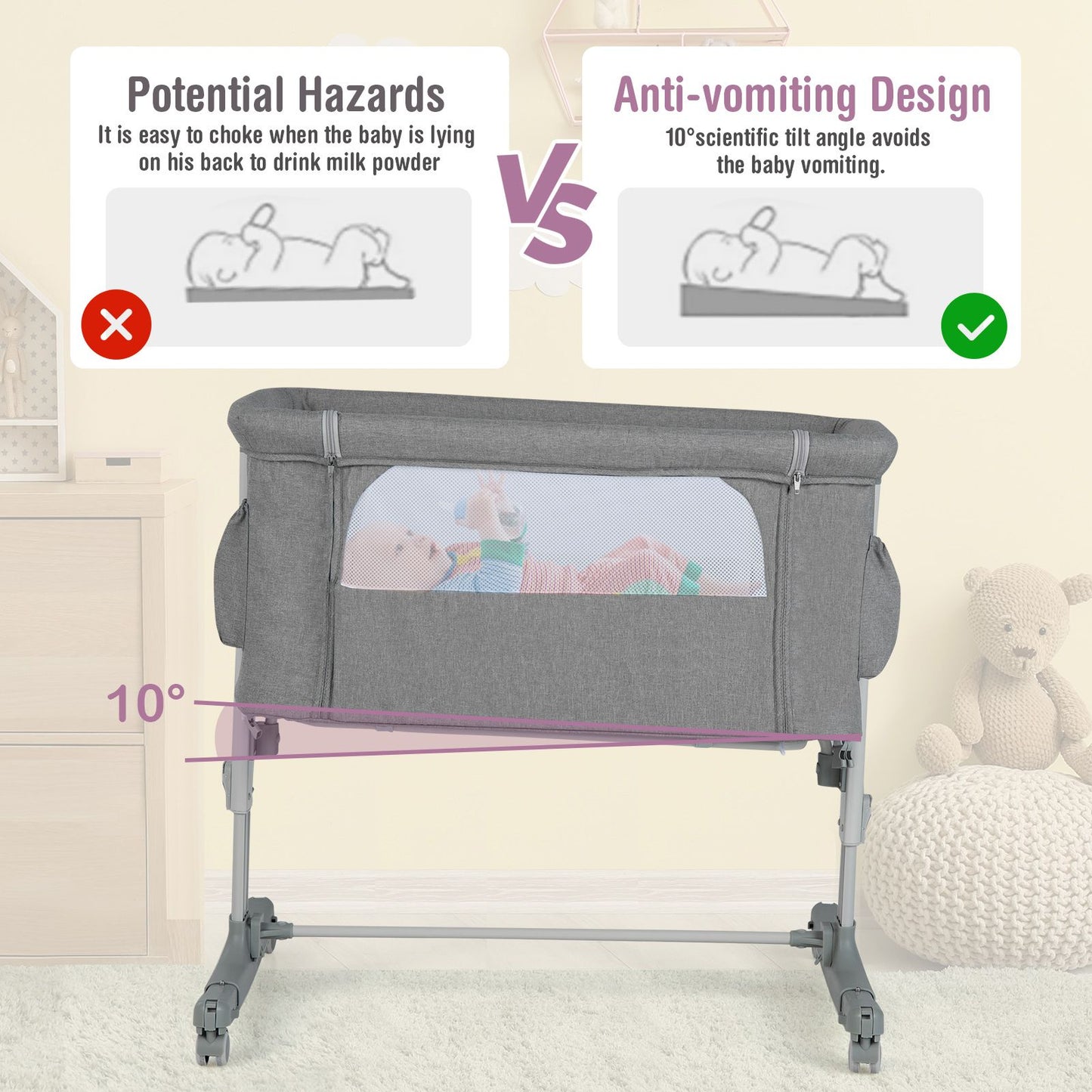 3-In-1 Adjustable Baby Bedside Bassinet with Mattress