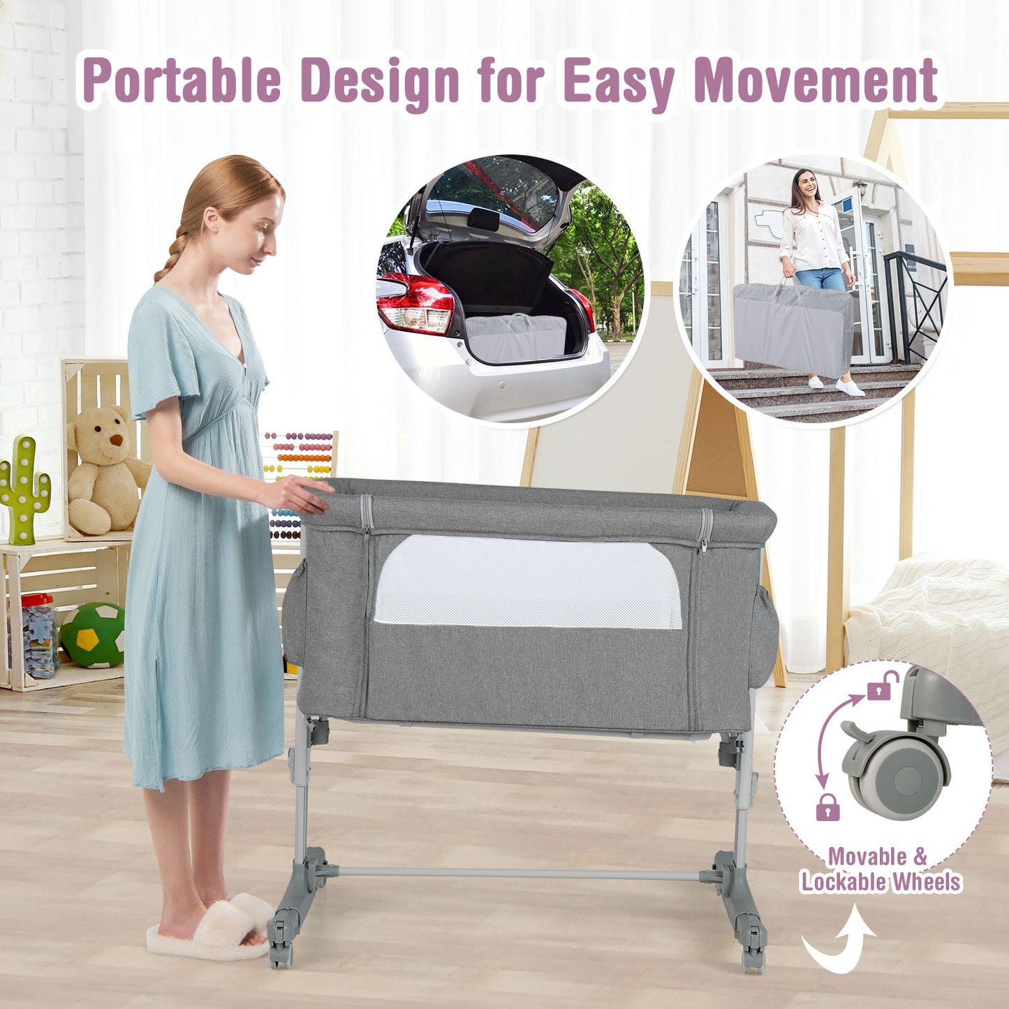 3-In-1 Adjustable Baby Bedside Bassinet with Mattress